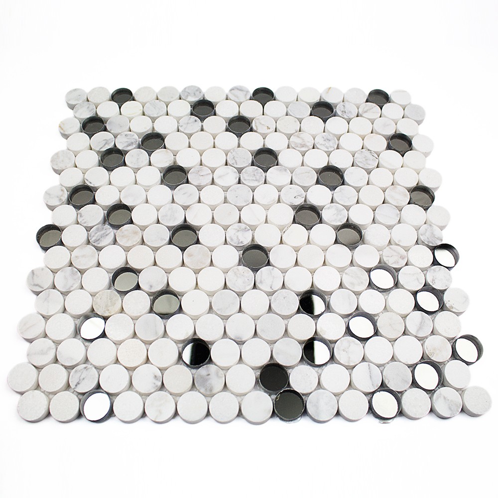 Reflection Carrera Thassos and Mirror Penny Round Marble and Glass Tile