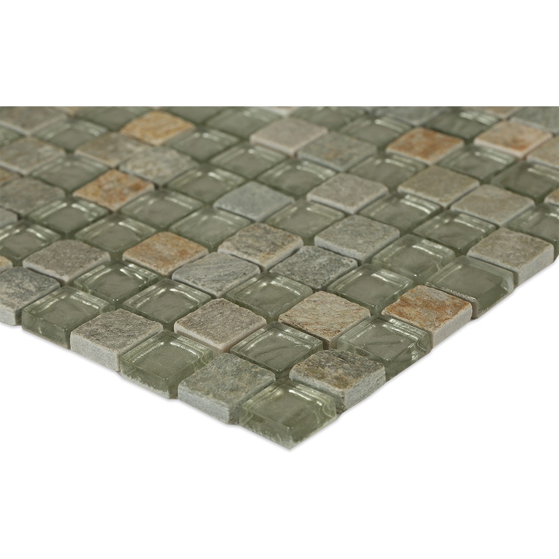Shop 12x12 Geological Square Mosaics in Frosted Green Quartz slate and Polished White Gold Glass