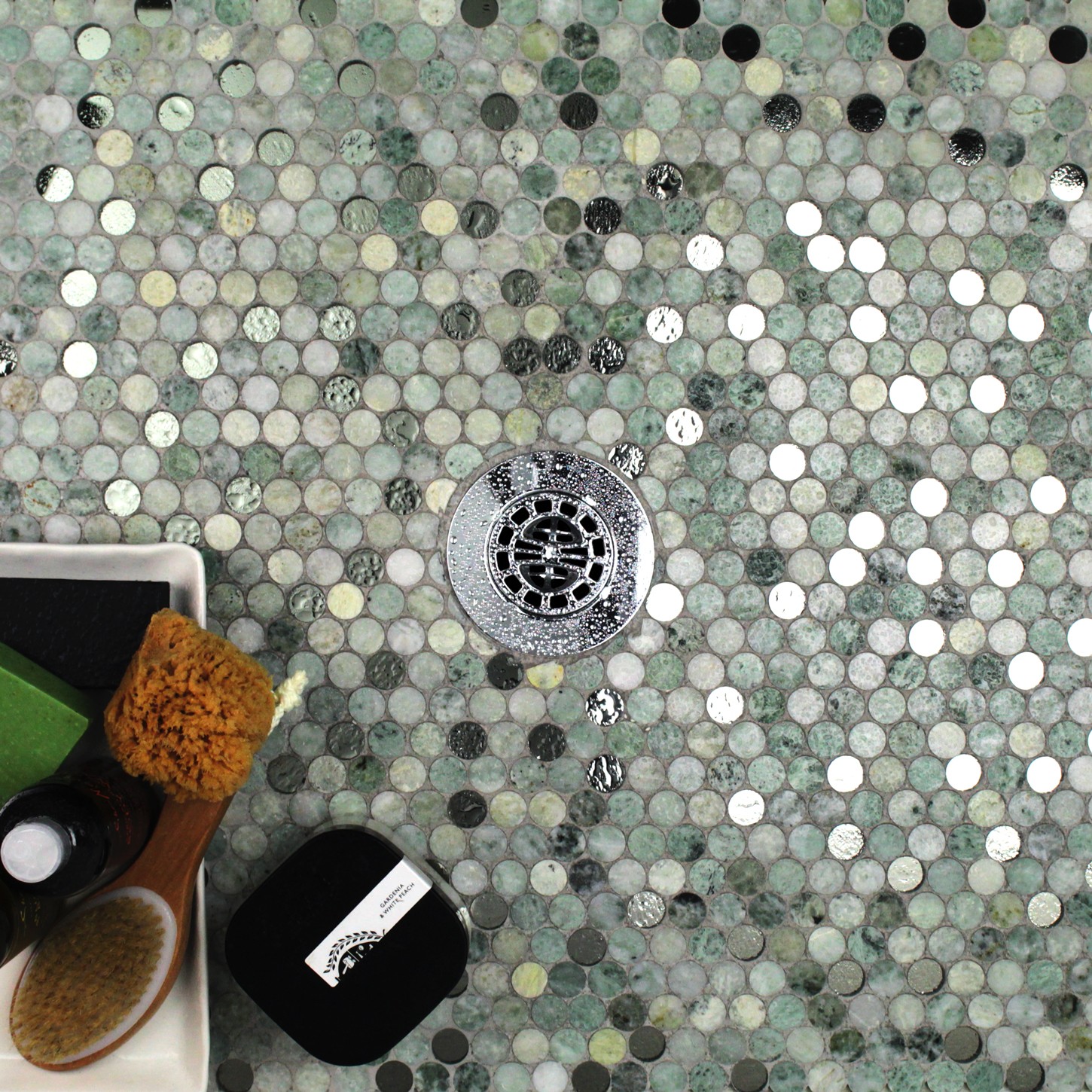 Reflection Carrera Thassos and Mirror Penny Round Marble and Glass Tile